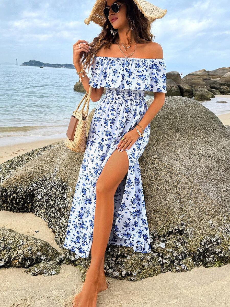 Calypso Off-Shoulder Side-Slit Dress