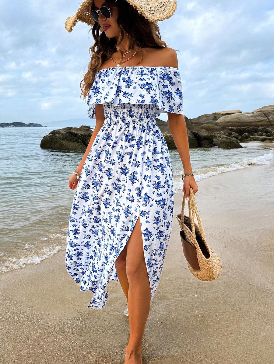 Calypso Off-Shoulder Side-Slit Dress