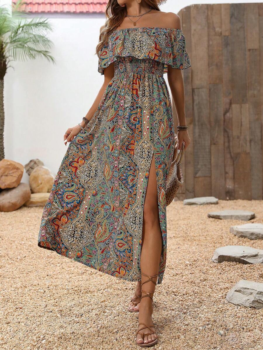 Calypso Off-Shoulder Side-Slit Dress