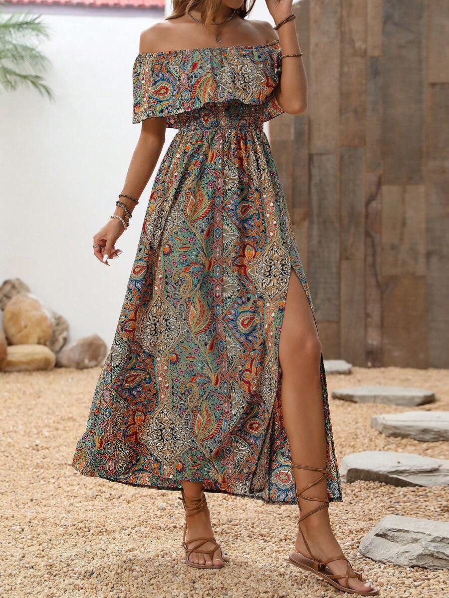 Calypso Off-Shoulder Side-Slit Dress