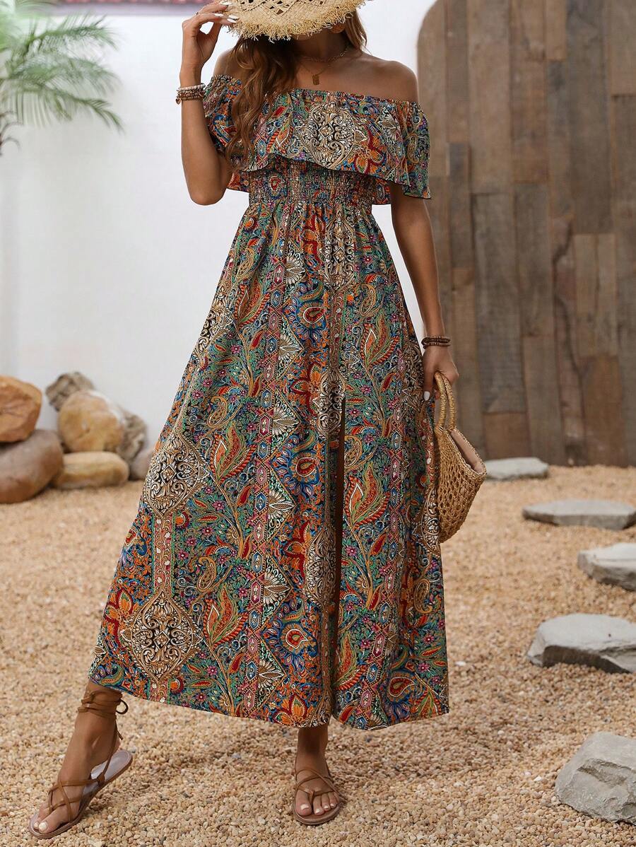Calypso Off-Shoulder Side-Slit Dress