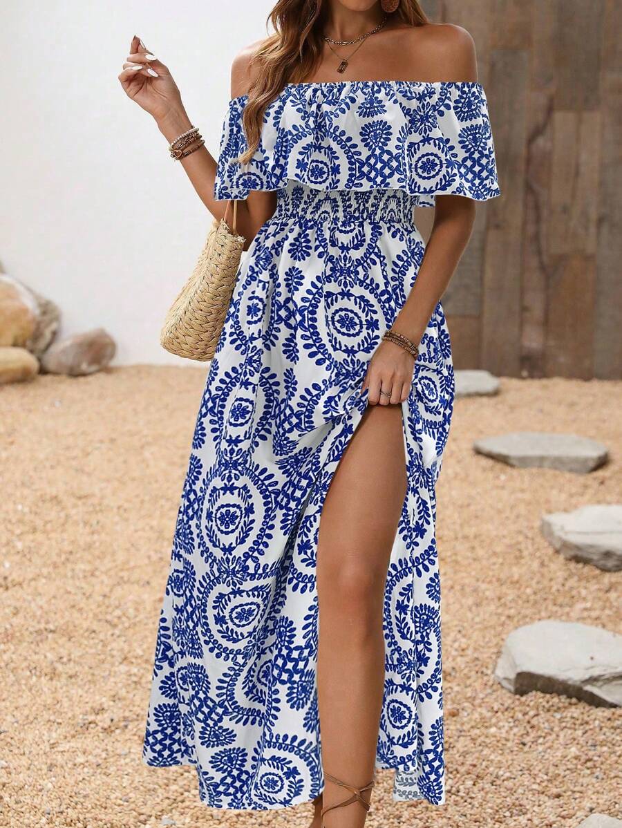 Calypso Off-Shoulder Side-Slit Dress