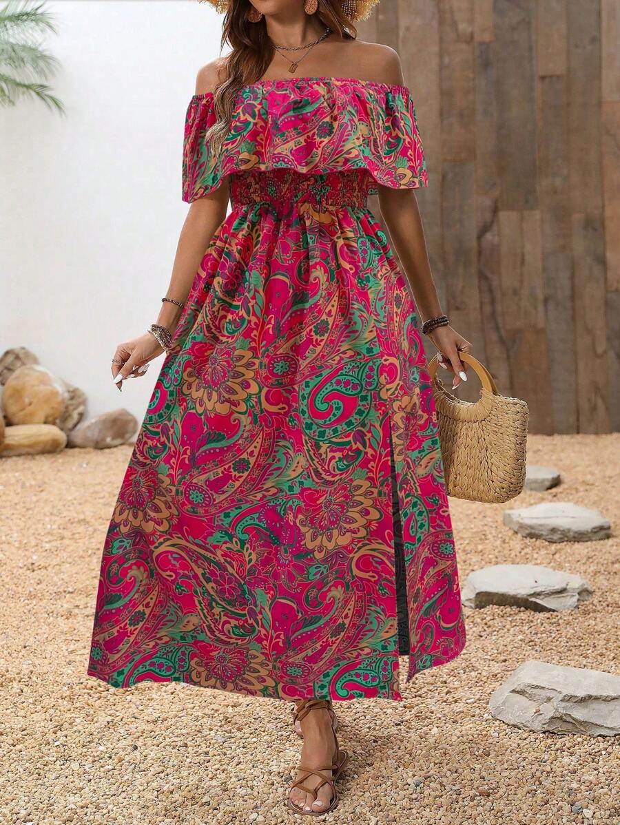 Calypso Off-Shoulder Side-Slit Dress