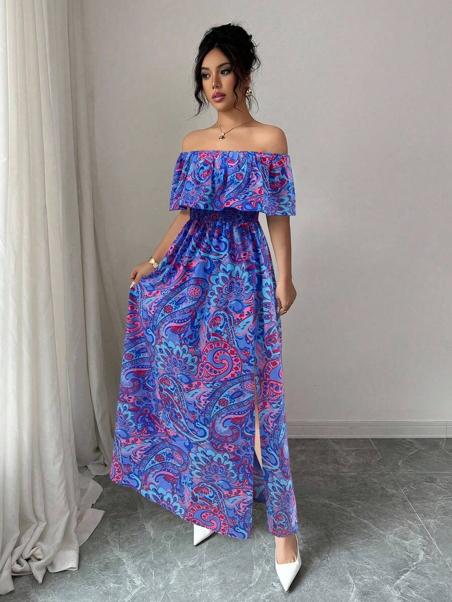 Calypso Off-Shoulder Side-Slit Dress