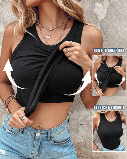 Ribbed tank with built-in shelf bra